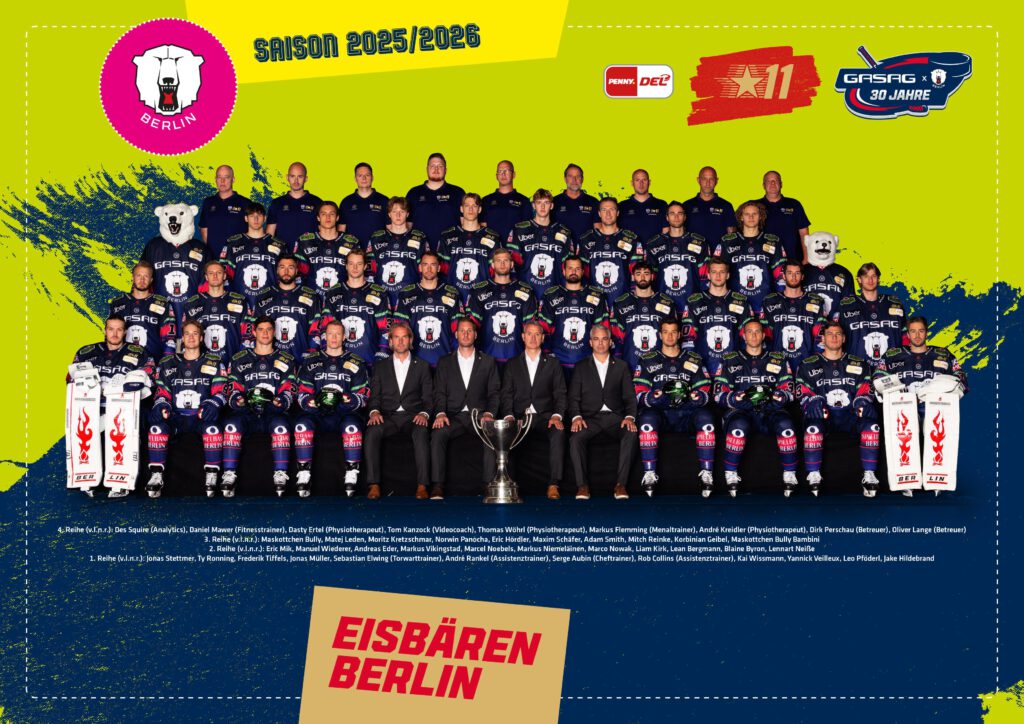 Teamfoto der Eisbären Berlin 2025/2026 mit Pokal, in Blau-Weiß-Rot, vor gelb-blauem Hintergrund.